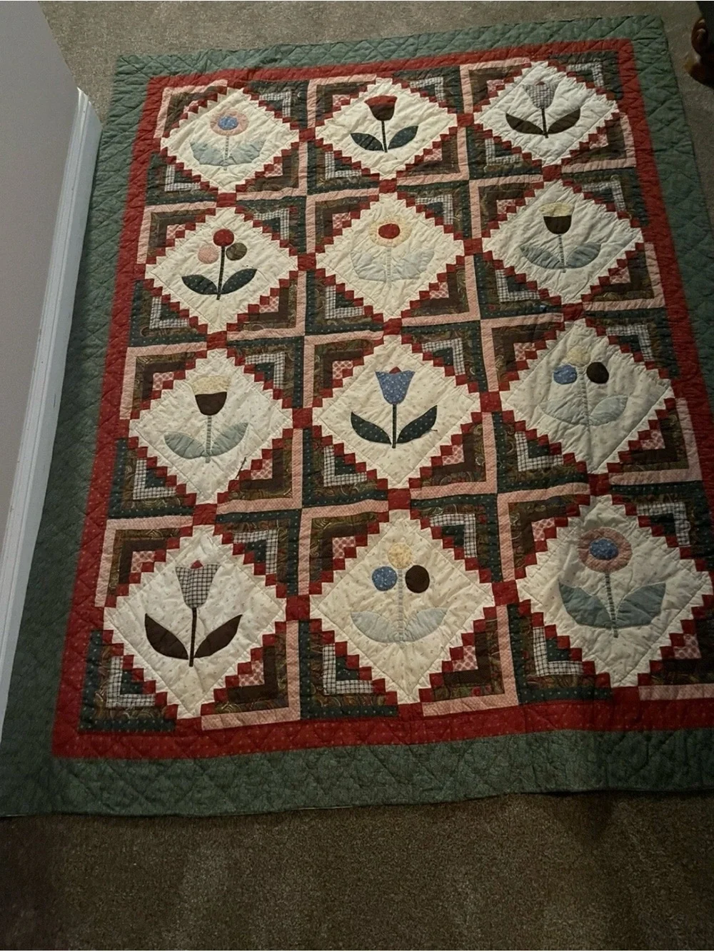 Source Unknown Floral Patchwork Quilt - Red, Green, Cream, Brown, Blue